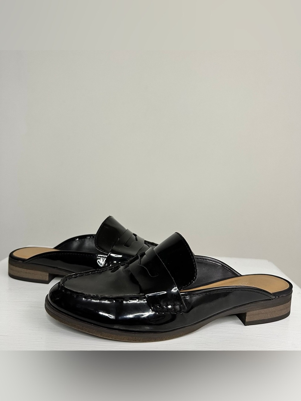 Franco Sarto Brylee Black Vegan Patent Leather Slip-On Mule Loafers Size 8.5